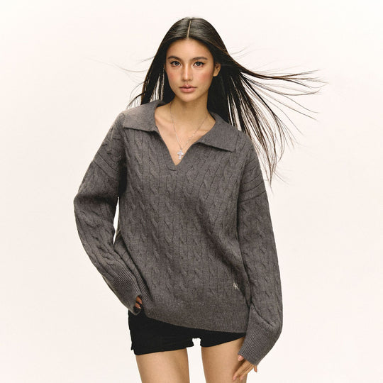 Damen Grob gestrickter Pullover mit V-Ausschnitt und Kragen R&B