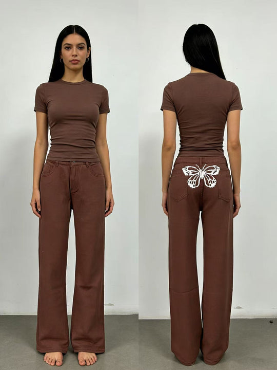 Damen Weite Jeans mit Schmetterlingsstickerei