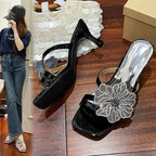 Damen elegante Sandalen mit funkelndem Blumen-Design und komfortablem Absatz R&B