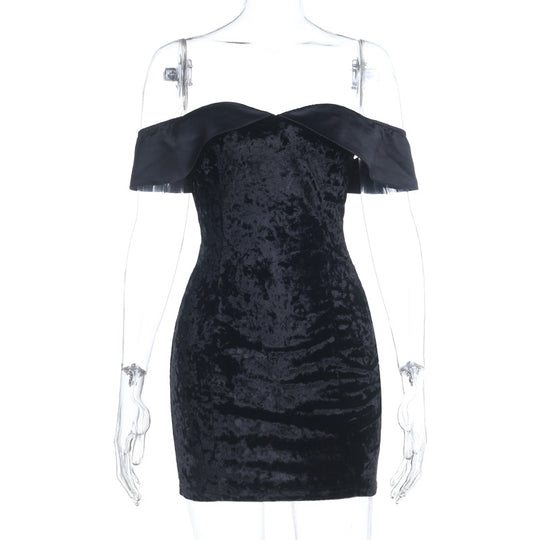 Damen figurbetontes Samt-Minikleid mit schulterfreiem Design R&B