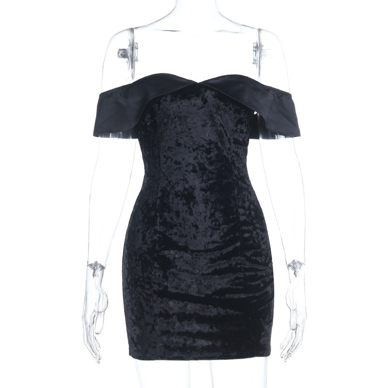 Damen figurbetontes Samt-Minikleid mit schulterfreiem Design R&B