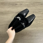 Damen elegante Ballerina-Schuhe mit Kuschelfell-Besatz und schickem Riemen