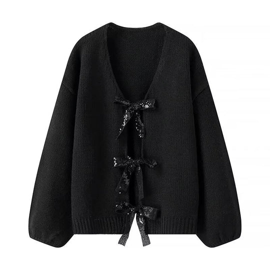 Damen luftige Strickjacke mit Schimmerndem Bindegürtel R&B