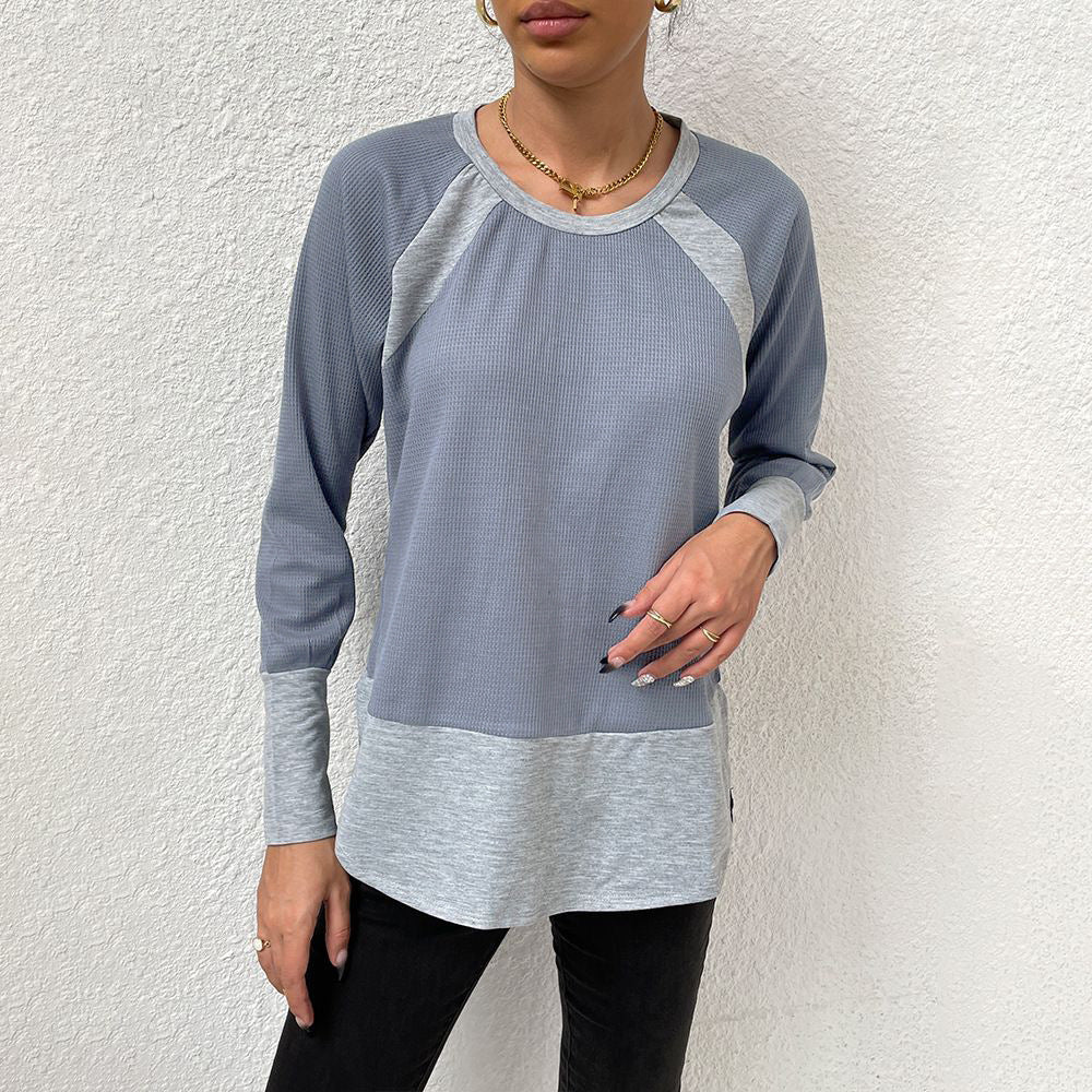 Damen lässiges Langarmshirt mit Waffle-Struktur und Kontrastärmeln R&B