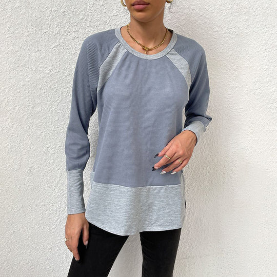 Damen lässiges Langarmshirt mit Waffle-Struktur und Kontrastärmeln R&B