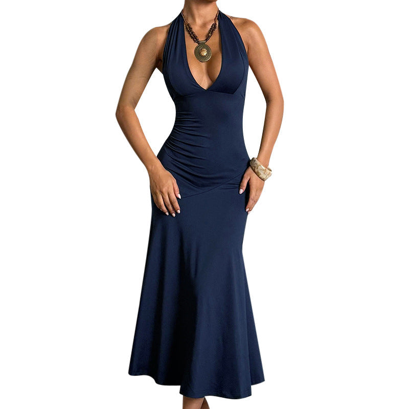 Damen elegantes Maxikleid mit tiefem V-Ausschnitt und raffiniertem Schleifendetail R&B