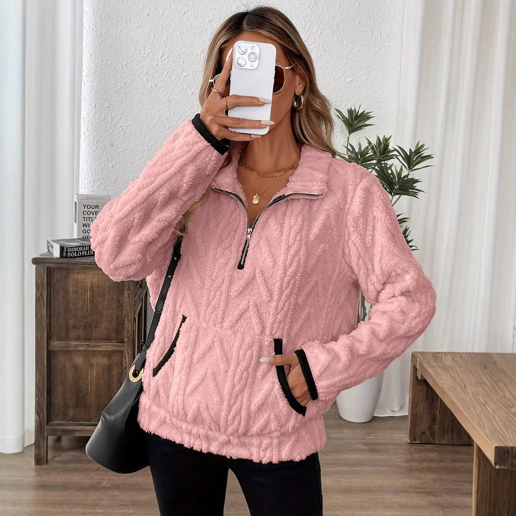 Damen Flauschiger Teddy-Pullover mit hohem Kragen und Eingrifftaschen R&B