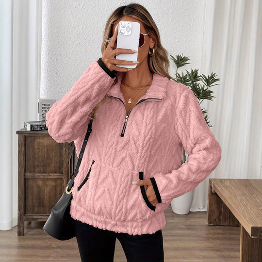 Damen Flauschiger Teddy-Pullover mit hohem Kragen und Eingrifftaschen R&B