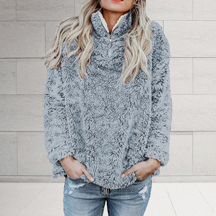 Damen Flauschige Fleece-Pulloverjacke mit hohem Kragen und Reißverschluss R&B