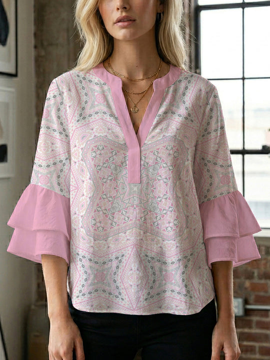 Damen Bluse mit voluminösen Rüschenärmeln und kreativem Floraldesign R&B