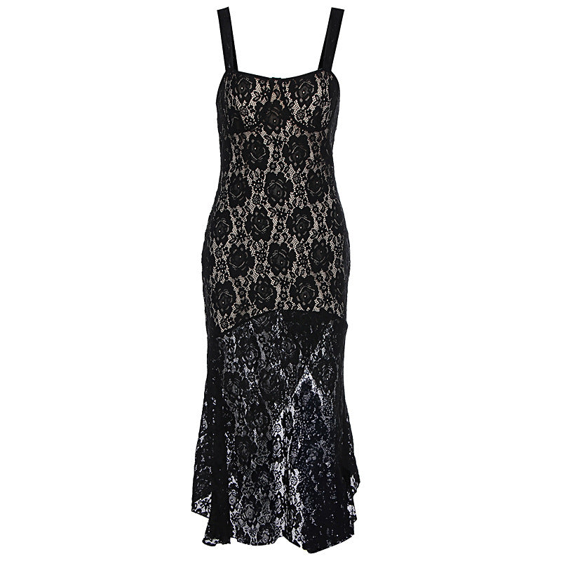 Damen Spitzenmaxikleid mit tiefem Schlitz und Detailverzierungen R&B