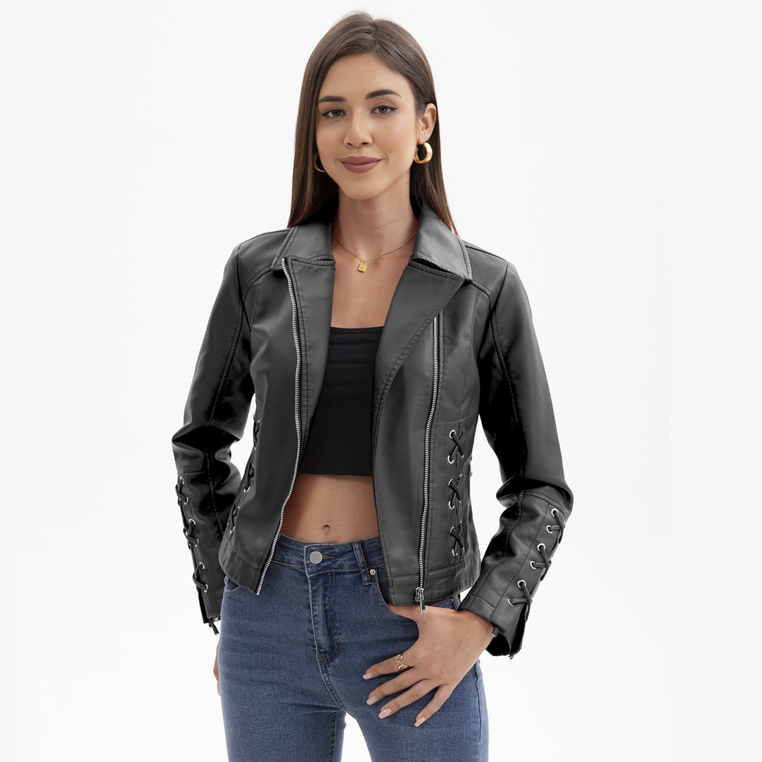 Damen modische Kunstlederjacke mit raffinierten Schnürdetails R&B