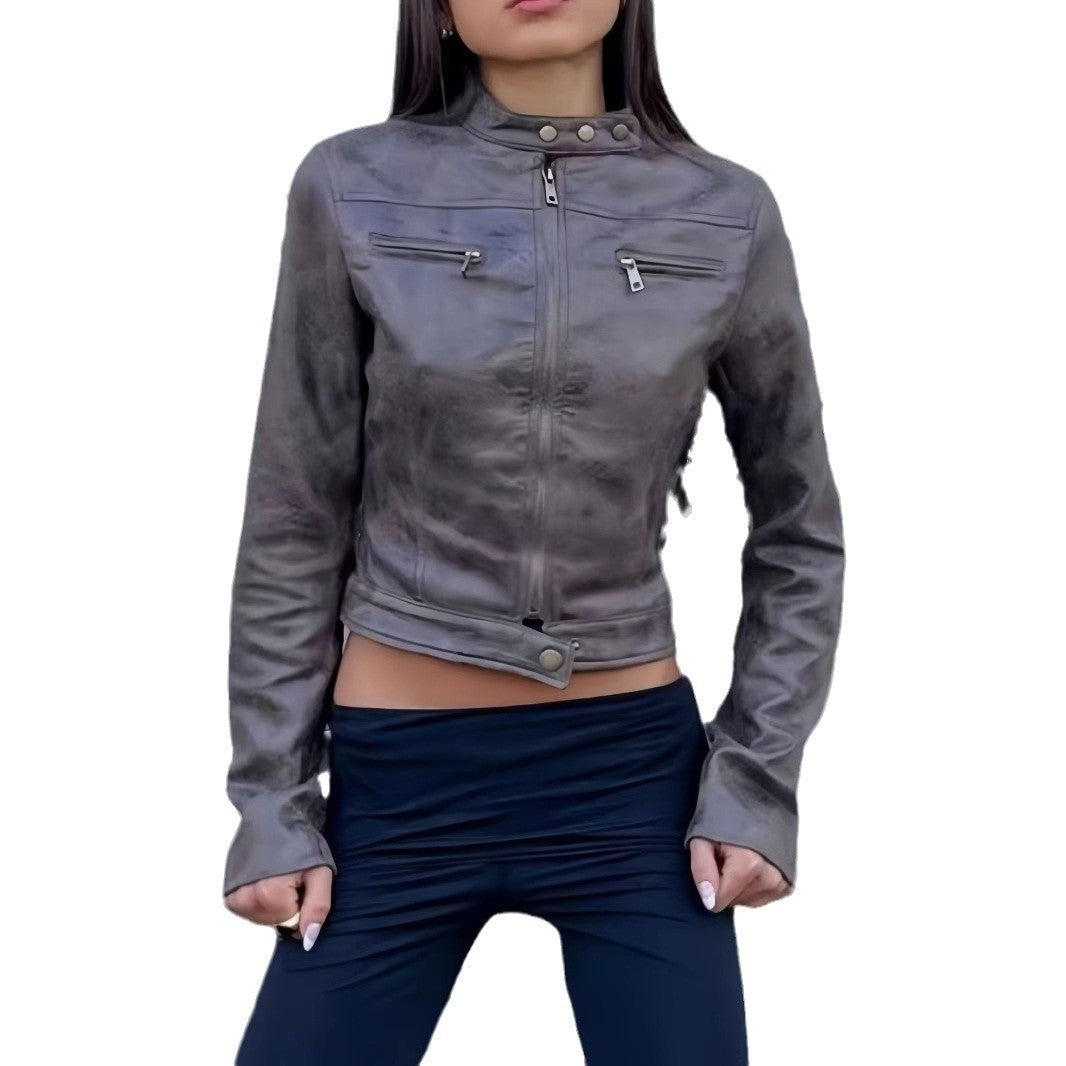 Damen trendige Bikerjacke aus hochwertigem Kunstleder R&B