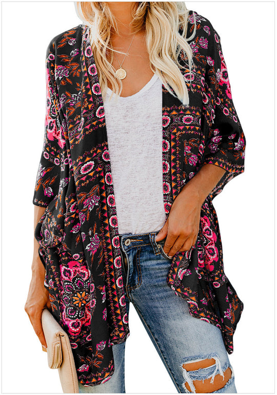 Damen luftiger Kimono mit floralem Muster und weitem Schnitt R&B