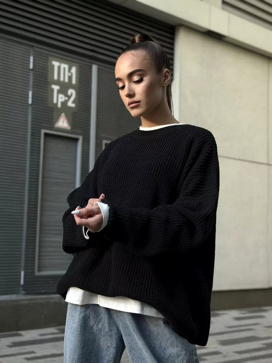 Damen Grobstrickpullover mit weitem Schnitt und lässigen Details R&B