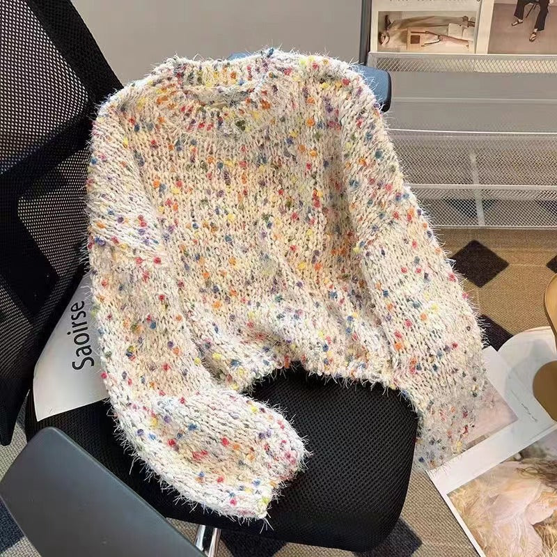 Damen modischer Pullover mit buntem Strukturstrick und Rundhalsausschnitt R&B