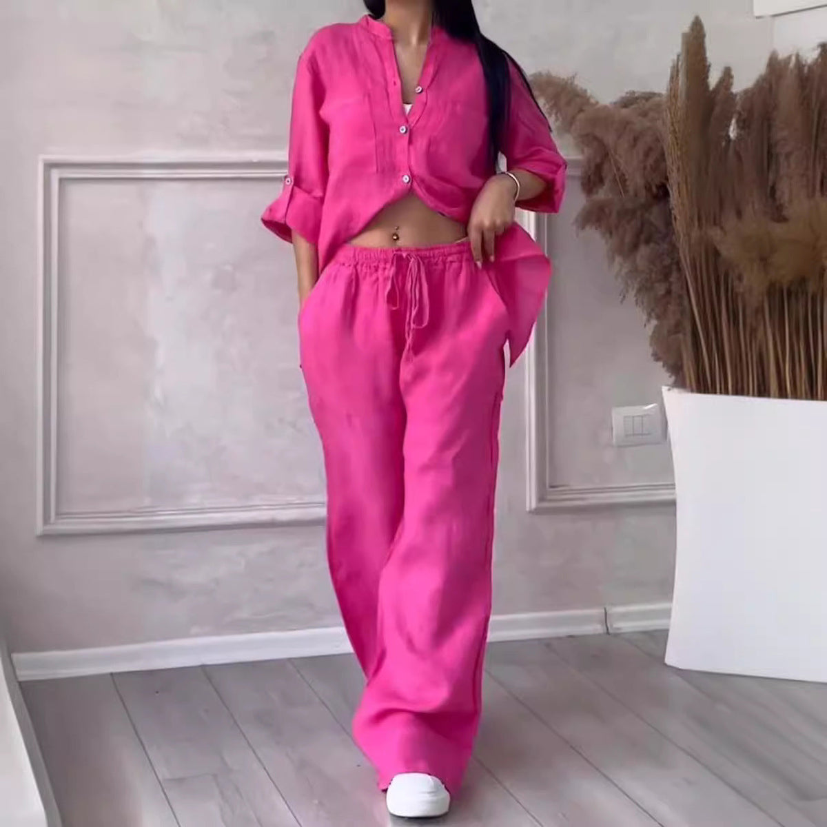 Damen nan lässiges Leinen-Zweiteiler Set mit lockerer Hemdbluse, aufgesetzten Brusttaschen und elastischer Tunnelzug-Hosenbund R&B