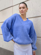 Damen lässiger Pullover mit V-Ausschnitt und voluminösen Ärmeln R&B