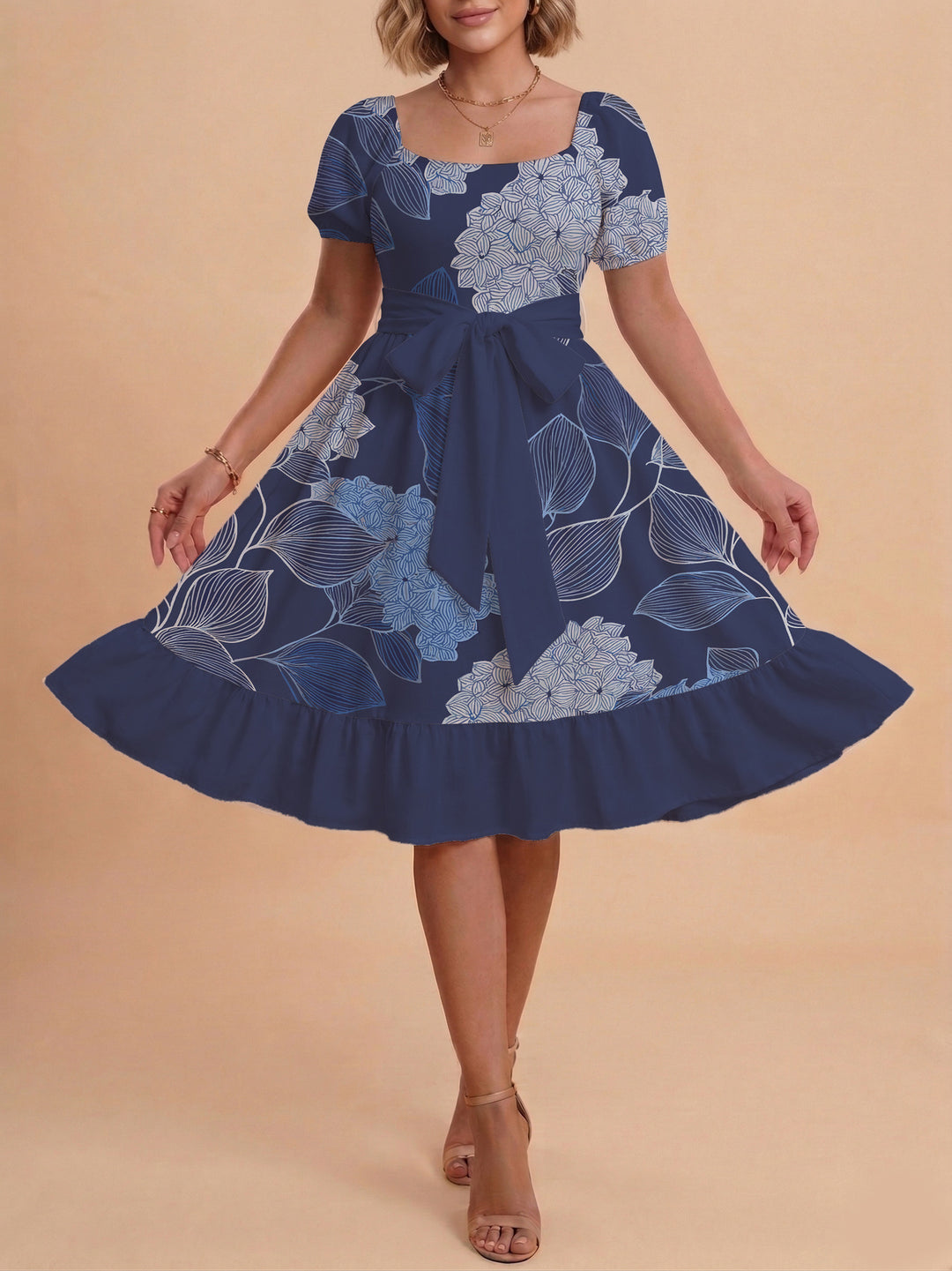 Damen Blumenkleid mit taillierbarem Gürtel und voluminösen Ärmeln R&B