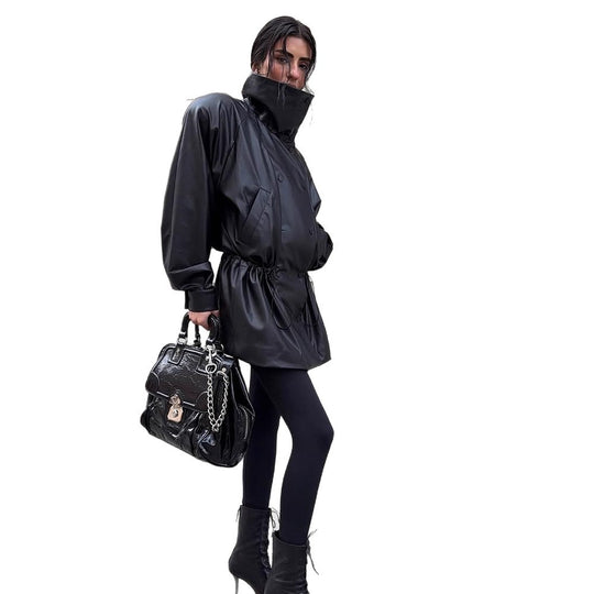 Damen Kunstlederjacke mit modischem Oversized-Schnitt und taillierbarem Gürtel R&B