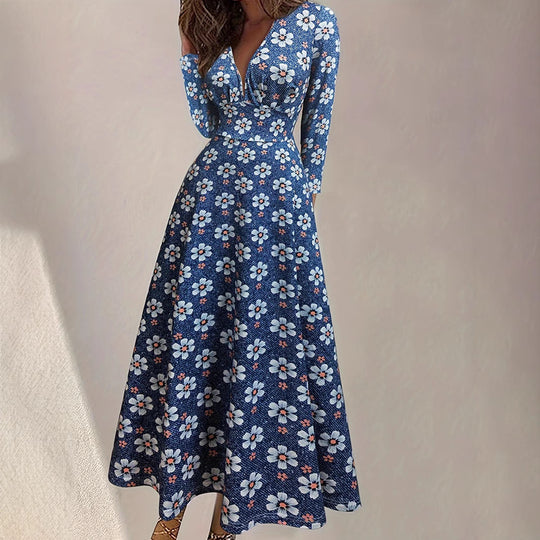 Damen Maxikleid mit tiefem V-Ausschnitt und floralen Motiven R&B
