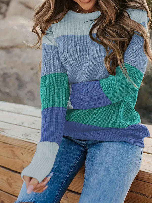 Damen modischer Strickpullover mit modernem Streifen-Design und langen Ärmeln R&B