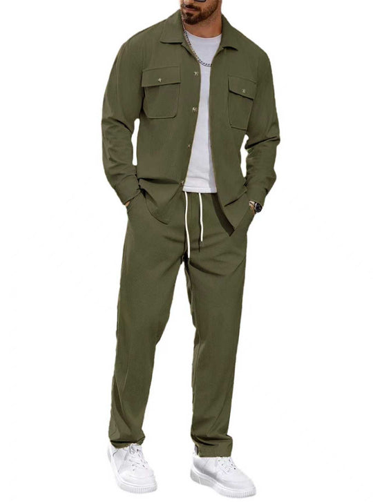 Herren nan lässiger Zweiteiler Hemdjacke mit aufgesetzten Brusttaschen und Kordelzughose R&B