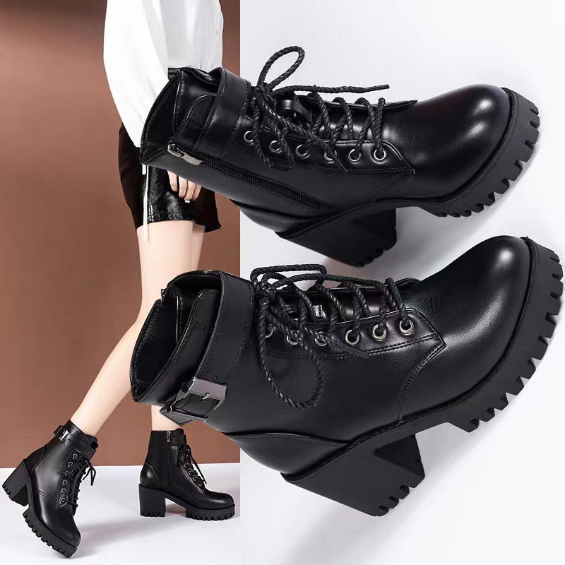 Damen nan Plateau-Schnürstiefelette aus Kunstleder mit profilierter Gummisohle und verstellbarem Schnallenriemen R&B