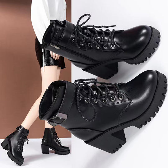 Damen nan Plateau-Schnürstiefelette aus Kunstleder mit profilierter Gummisohle und verstellbarem Schnallenriemen R&B