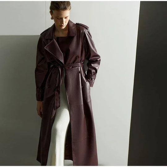 Damen Eleganter Kunstleder-Trenchcoat mit tailliertem Gürtel R&B