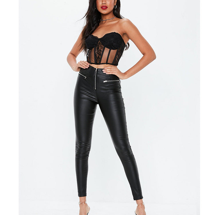 Damen Lederoptik Leggings mit Zipper