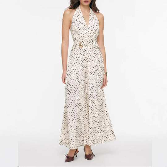 Damen eleganter Jumpsuit mit tiefem Ausschnitt und schwingendem Bein R&B
