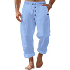 Herren nan lockere Leinen-Baumwoll-Hose mit elastischem Bund, Kordelzug und aufgekrempeltem Saum R&B