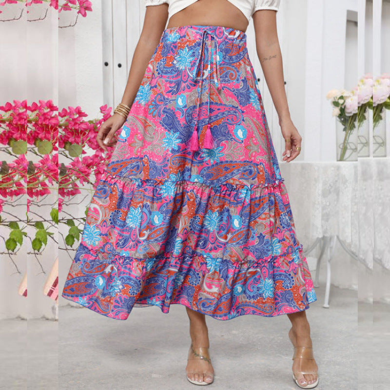 Damen Midi-Rock im verspielten Boho-Stil mit buntem Paisleymuster und voluminösem Saum R&B