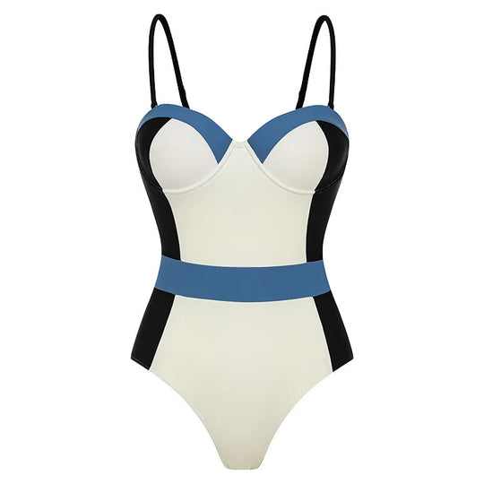 Damen High-Waist Einteiler Badeanzug mit modernem Schnitt und verspielten Farbblockelementen R&B