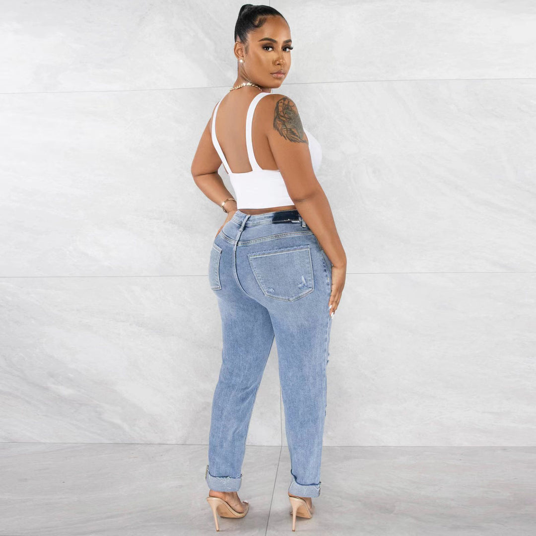 Damen High-Waist Boyfriend Jeans mit ausgefranstem Saum und lässigem Used-Look R&B
