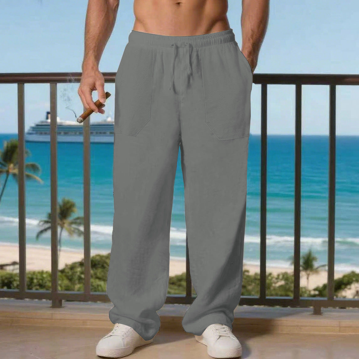 Herren Bequeme Strandhose mit seitlichen Taschen und elastischem Bund R&B
