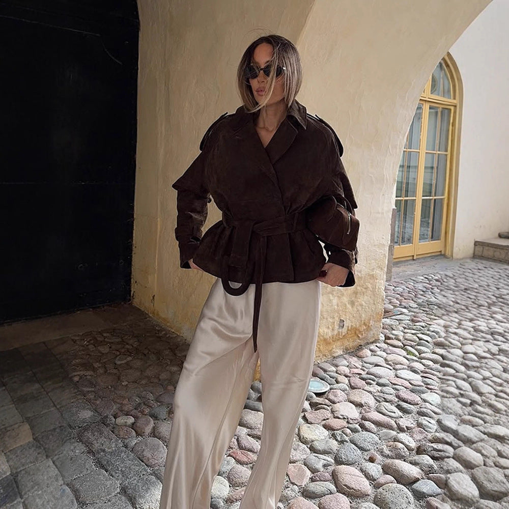 Damen modische Wildlederjacke mit Taillengürtel und voluminösen Ärmeln R&B