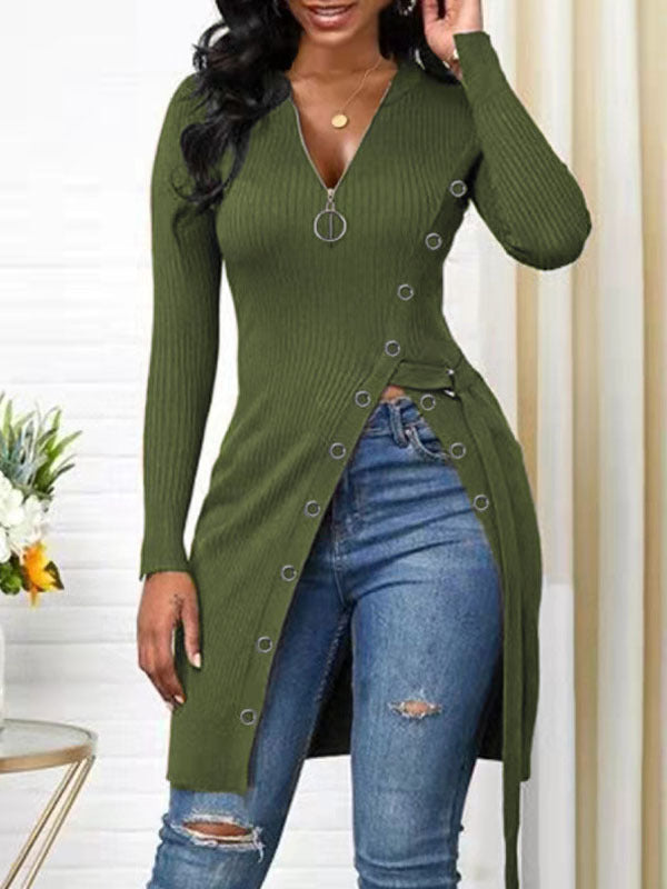 Damen figurbetontes Wickelshirt mit Knopfdetails und tiefem V-Ausschnitt R&B