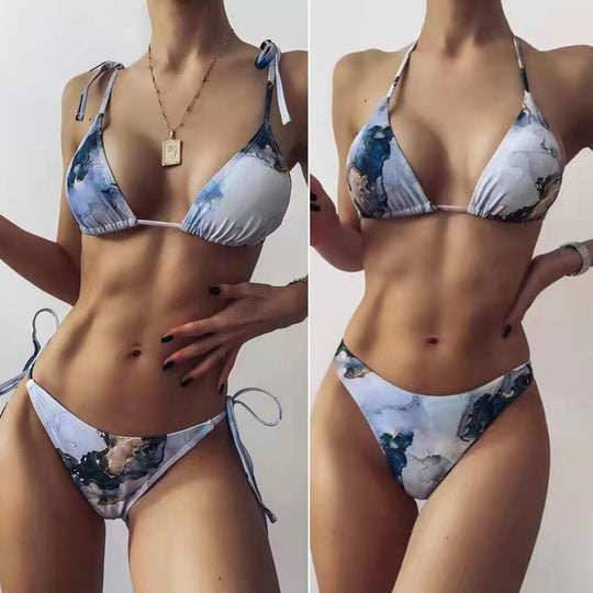 Damen Hoch geschnittenes Bikini-Set mit stylischem Marmor-Print R&B