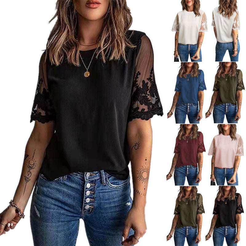 Damen Elegantes T-Shirt mit Spitze an den Ärmeln R&B