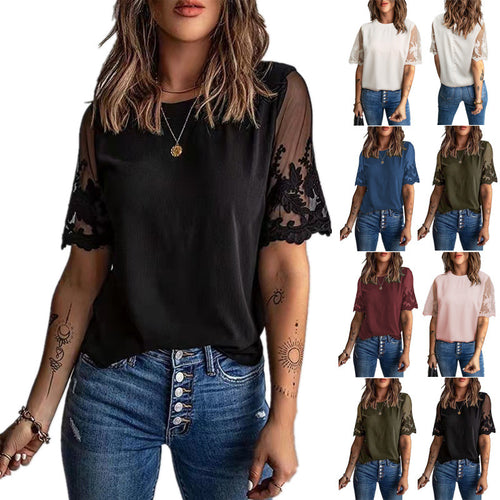 Damen Elegantes T-Shirt mit Spitze an den Ärmeln R&B