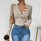 Damen Langarm-Bodys mit Knopfverschluss und Rippstruktur R&B