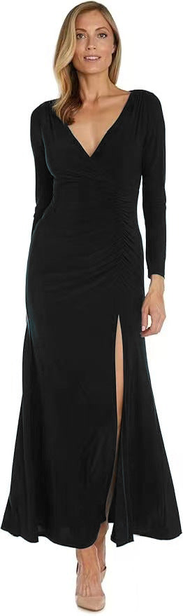 Damen elegantes Maxikleid mit hohem Schlitz und raffiniertem V-Ausschnitt R&B
