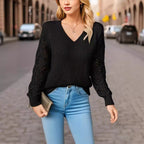 Damen Eleganter Strickpullover mit V-Ausschnitt und gehäkelten Ärmeln R&B
