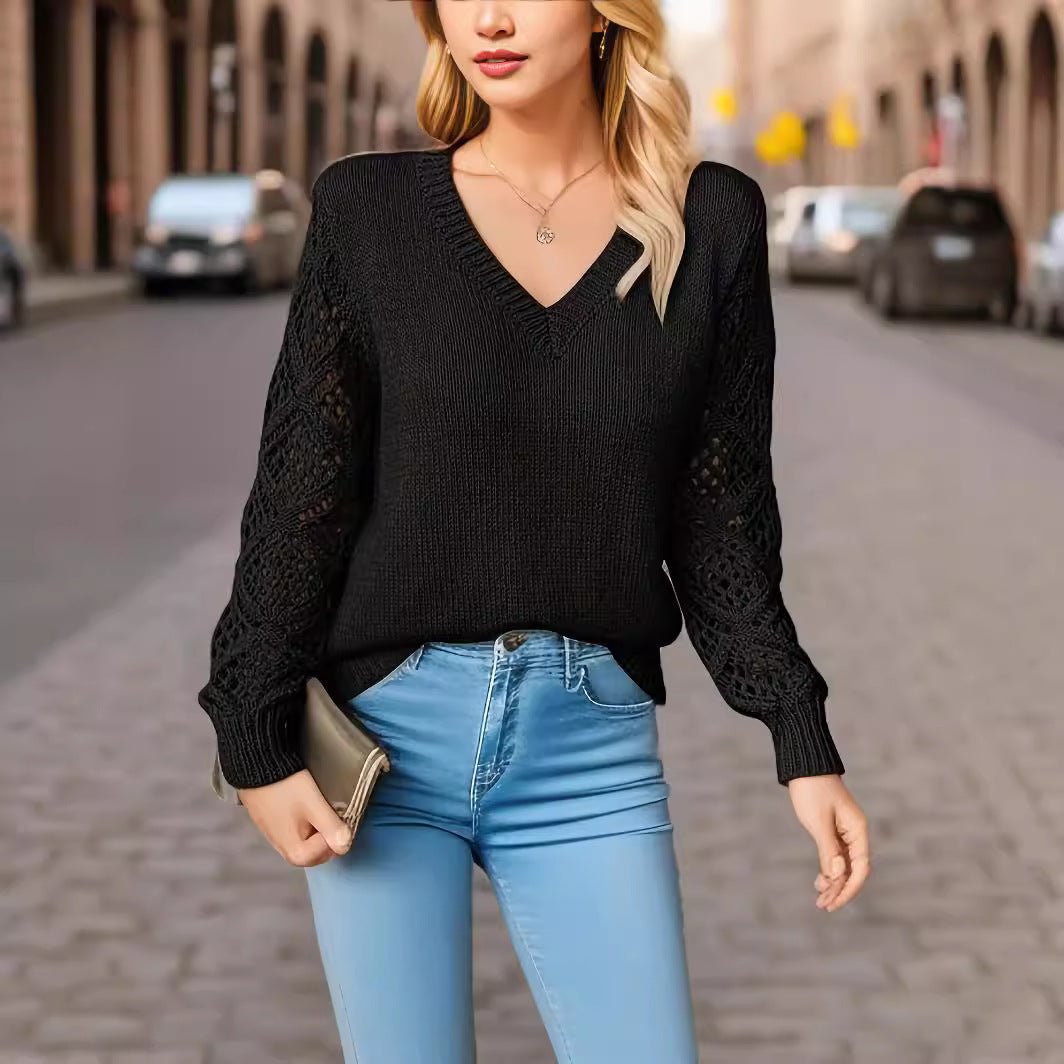 Damen Eleganter Strickpullover mit V-Ausschnitt und gehäkelten Ärmeln R&B