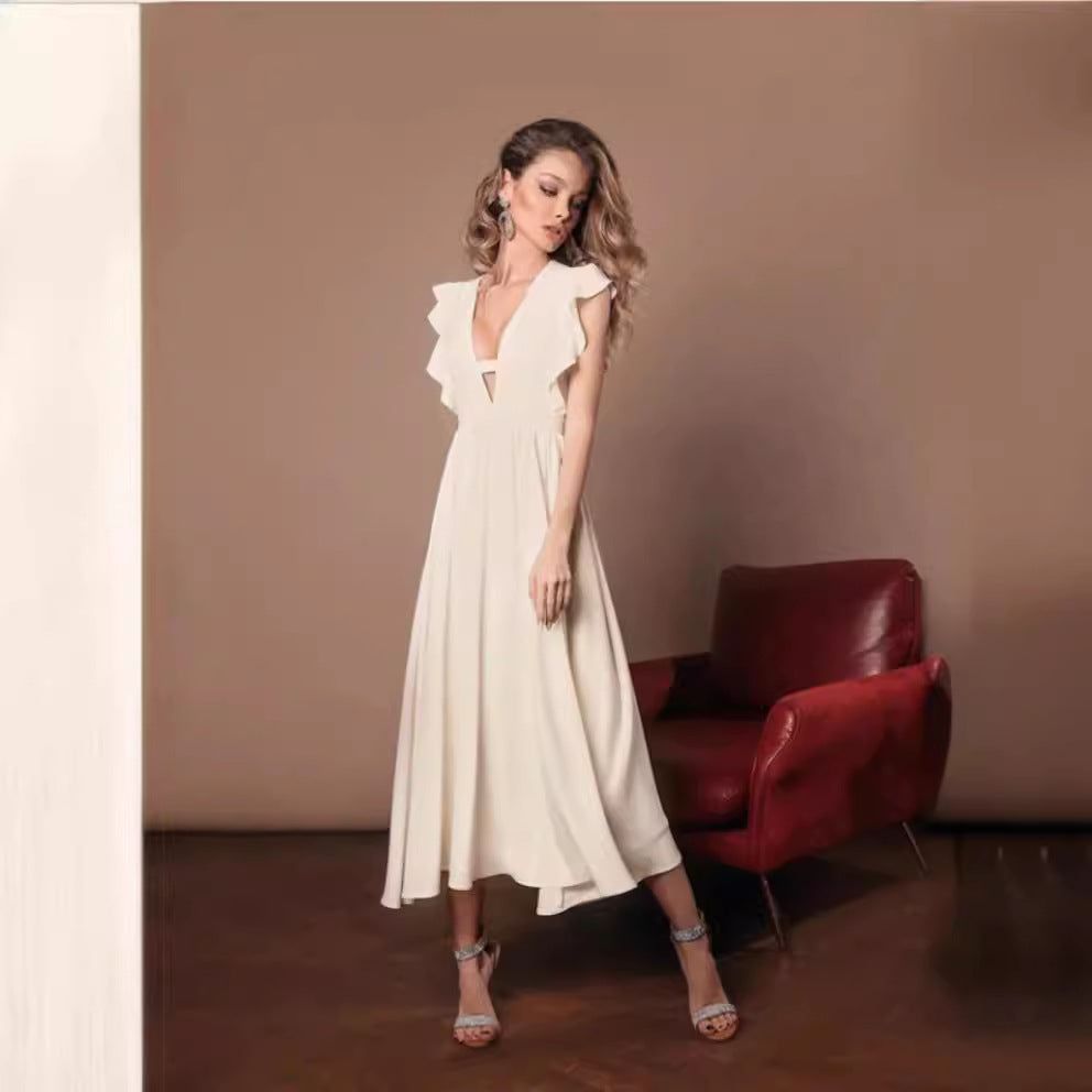 Damen Maxikleid mit raffiniertem V-Ausschnitt und voluminösen Rüschenärmeln R&B