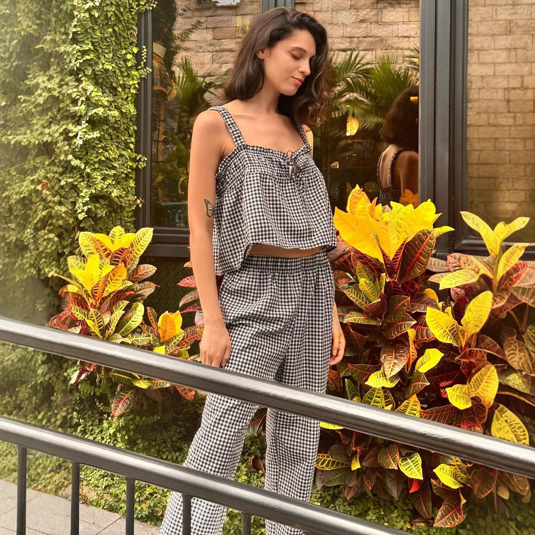 Damen Fließendes Sommer-Jumpsuit mit Karomuster und verstellbaren Trägern R&B