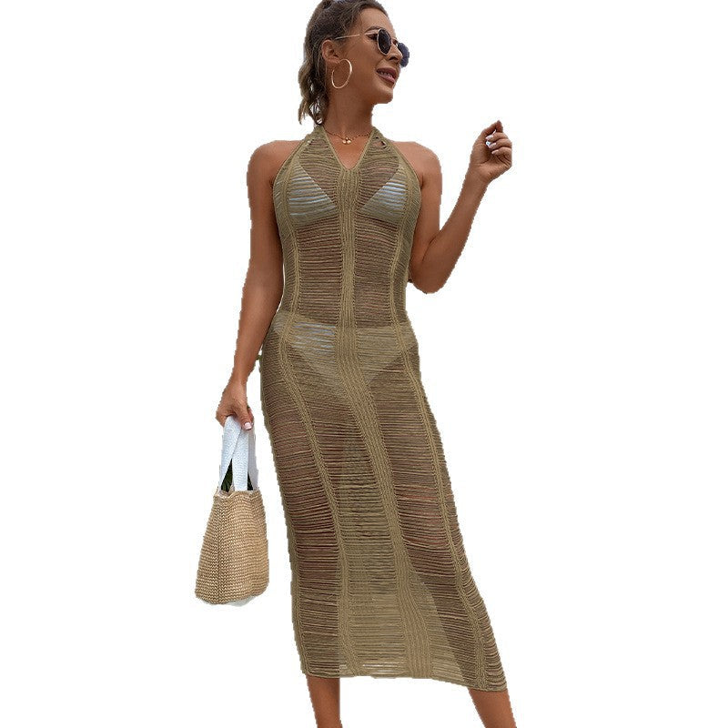 Damen elegantes Netzkleid mit tiefem V-Ausschnitt und figurbetonter Silhouette R&B