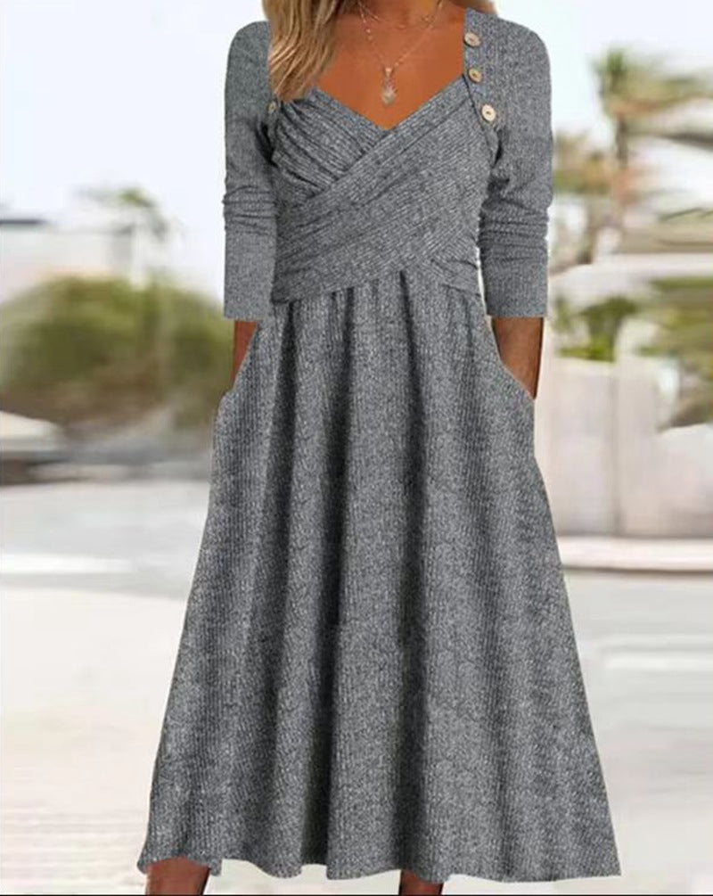 Damen Maxikleid mit eleganter Wickeloptik und praktischen Taschen Heidi-Mode